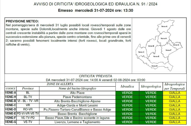 criticità 31 luglio 2024